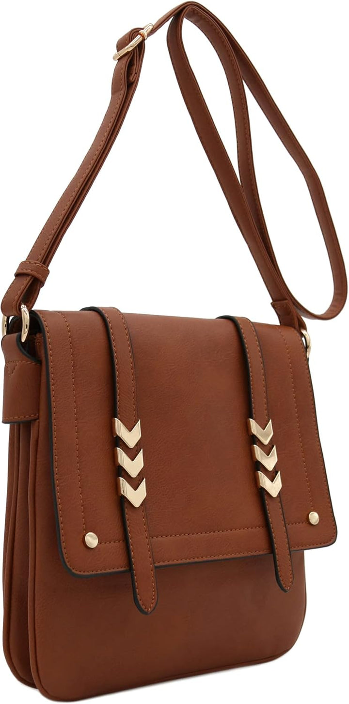Double Compartment Large Flapover Crossbody Bag with Colorblock Straps Braun, Braun