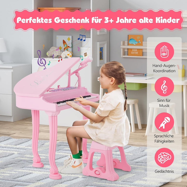 DREAMADE 37 Tasten Keyboard Kinder, Mini E-Piano mit Hocker & Mikrofon & 3 Lehrmodi & 8 Rhythmen & A