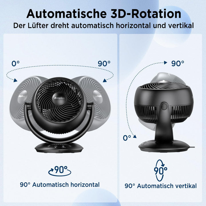 EasyAcc Ventilator Leise, 25dB Tischventilator sehr Leise, 90° Auto-Oszillation Horizontal und Verti