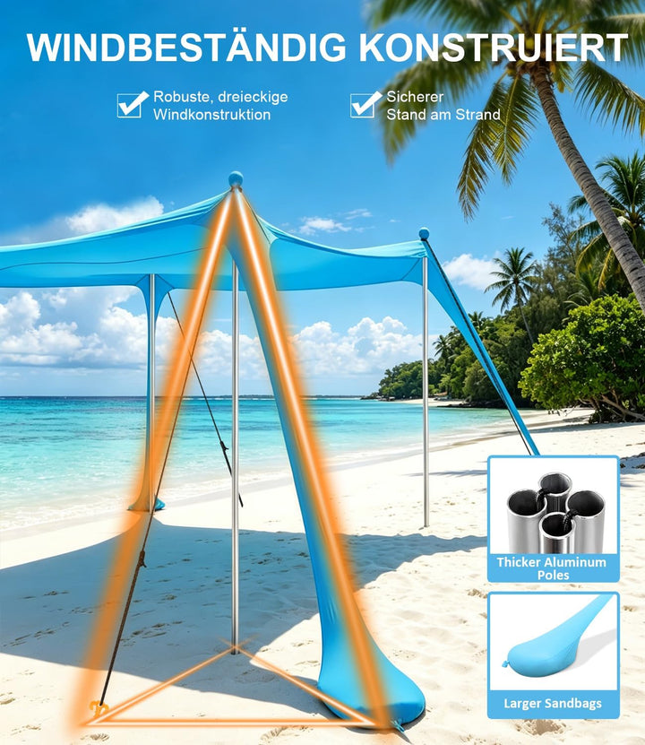 UPF50+ Strandzelt 3m x 3m, Schatten Zelt Strandmuschel Beachmit Sandschaufel & Erdnägeln und 4 Stütz
