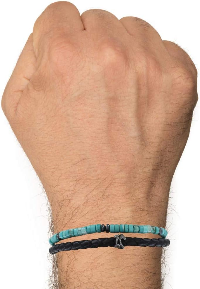 LES POULETTES BIJOUX - Mann Stahl Armband Schwarz Leder und Türkis Ringe 19.0 Zentimeter, 19.0 Zenti