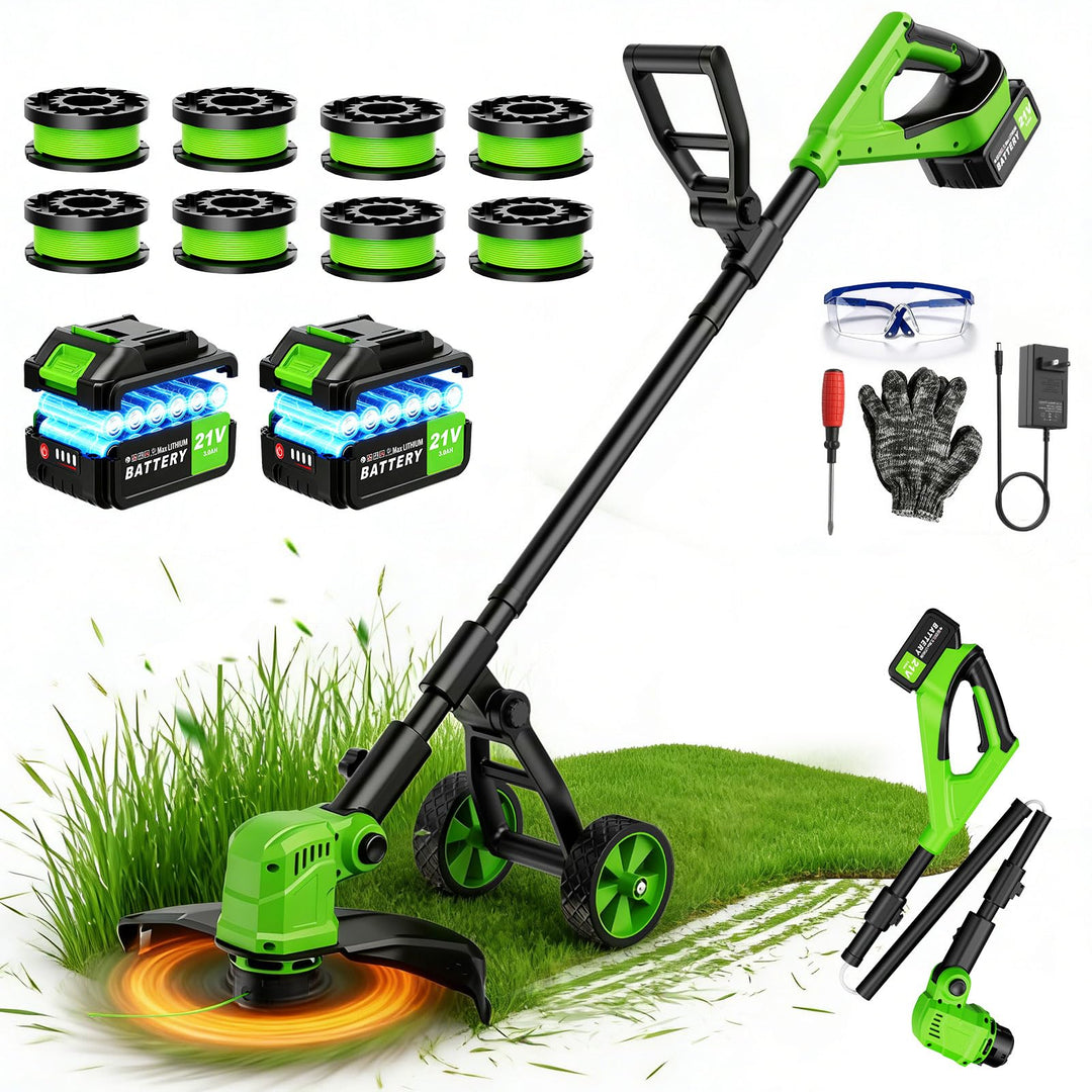 14 Zoll Rasentrimmer mit Akku und Rad,21V Akku-Rasentrimmer mit 2 * 3000 mAh Batterie und Ladegerät,