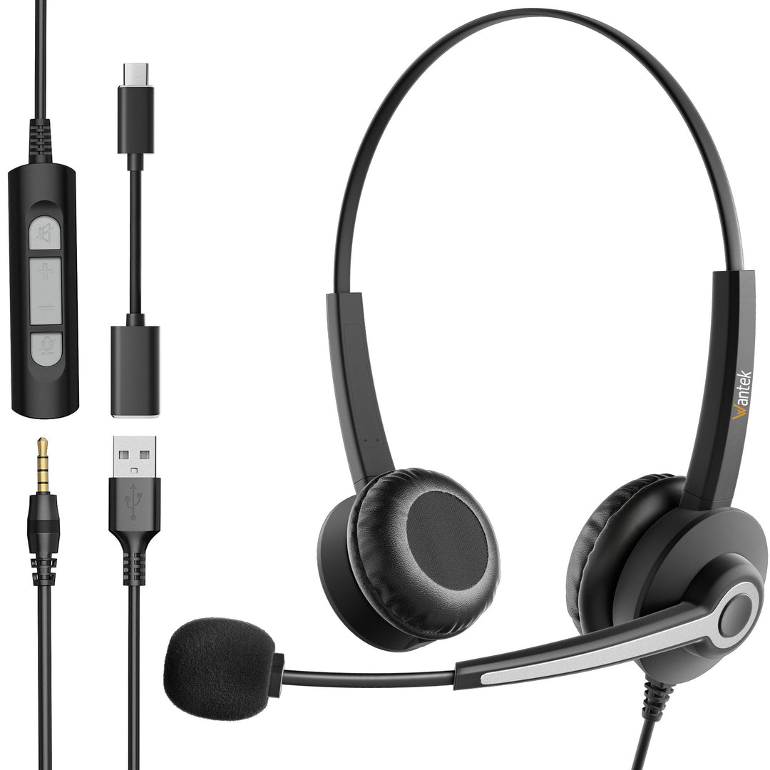 Wantek Headsets mit Noise Cancelling Mikrofon,USB/Type-c/3.5mm Jack 3-in-1 PC Headsets,USB Headsets