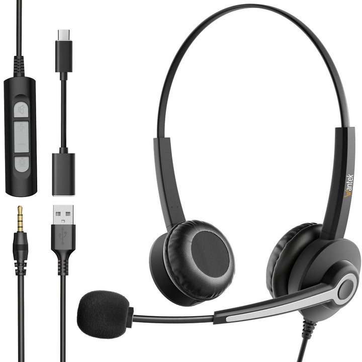 Wantek Headsets mit Noise Cancelling Mikrofon,USB/Type-c/3.5mm Jack 3-in-1 PC Headsets,USB Headsets