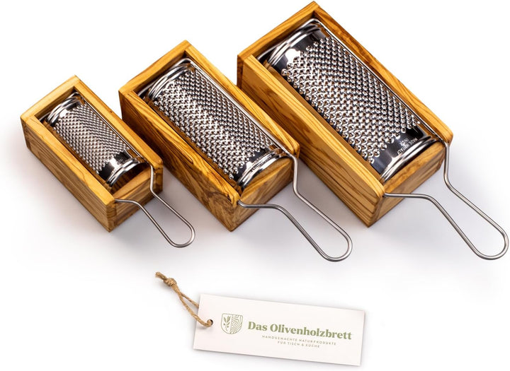 DAS OLIVENHOLZBRETT® Parmesan-Reibe mit Auffang-Behälter aus Olivenholzholz, 2teilig incl Reibe:19cm