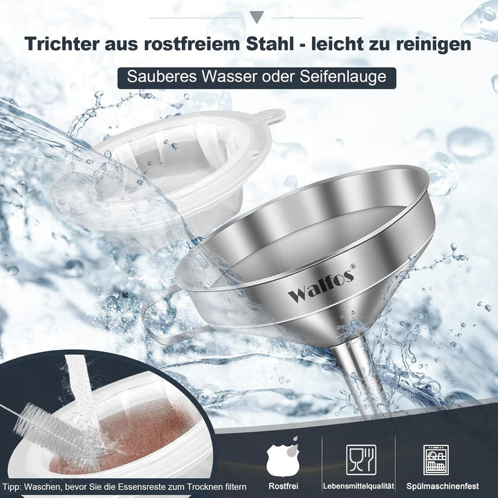 Walfos Trichter edelstahl, mit 2 abnehmbaren Sieben ＆ 1 Stück Reinigungsbürste, 200 Mesh Lebensmitte