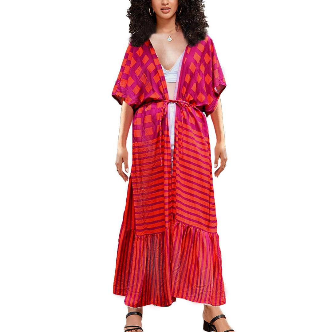 Damen Strand Kimono Cardigan Sommer Lange Strandkimonos Übergrösse Strandponcho Bunt Bikini Cover Up