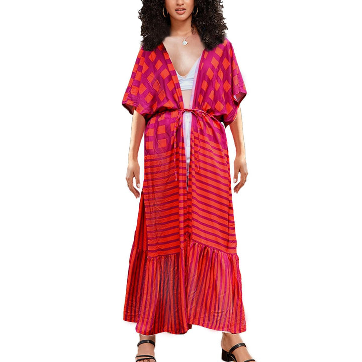 Damen Strand Kimono Cardigan Sommer Lange Strandkimonos Übergrösse Strandponcho Bunt Bikini Cover Up