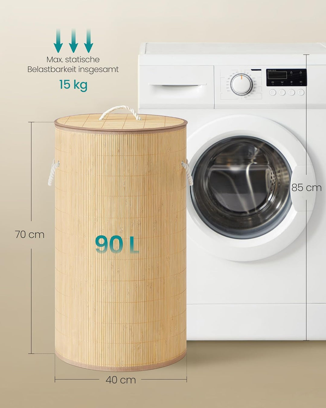 SONGMICS Wäschekorb mit Deckel, 90 L, Wäschesammler Bambus, rund, Wäschebox mit Griffen, faltbar, Wä