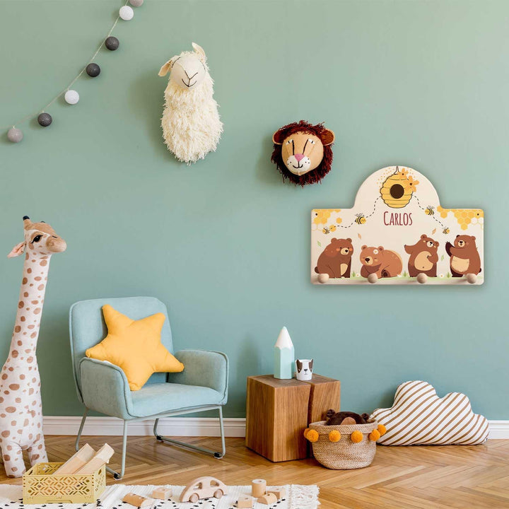 GRAVURZEILE Personalisierte Kindergarderobe - Bären & Bienen - Personalisiert mit Name - Garderobe a
