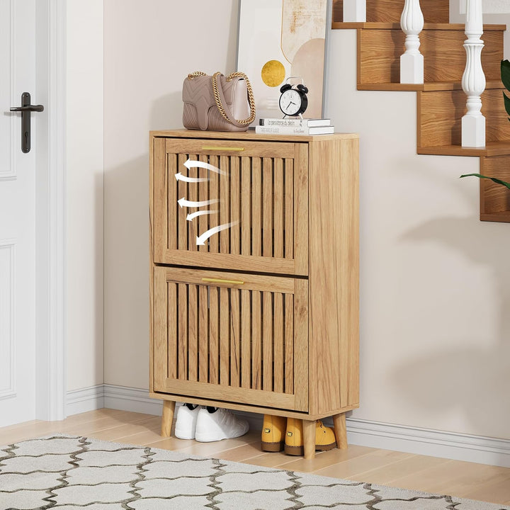 Schuhschrank mit Lamellen und 2 Klappschubladen, schmaler Schuhschrank für den Eingangsbereich, frei