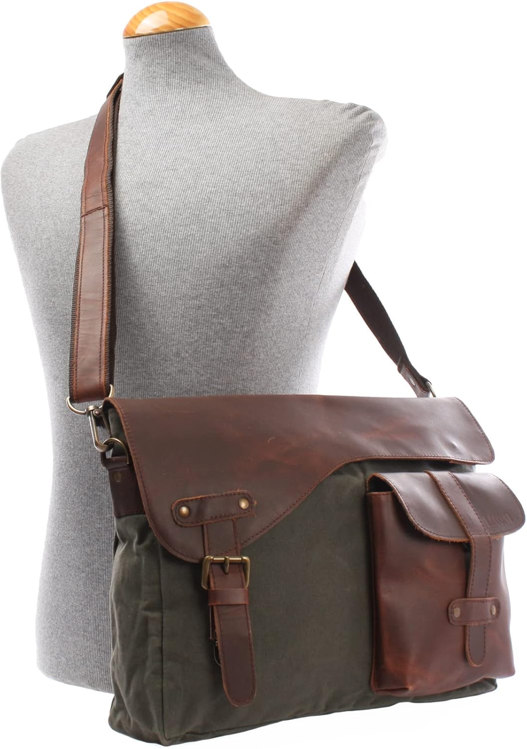 LECONI Messenger Bag DIN A4 Leder Canvas Damen & Herren Schultasche Retro look Collegetasche Umhänge