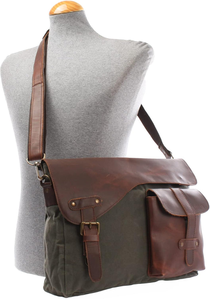 LECONI Messenger Bag DIN A4 Leder Canvas Damen & Herren Schultasche Retro look Collegetasche Umhänge
