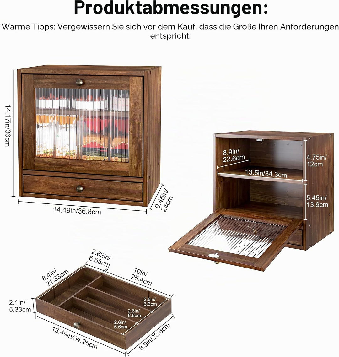 Alpeir Brotkasten Holz Gross 2 Etagen Brotbox mit Magnetisch Acryl Sichtfenster und Schublade, Ecke