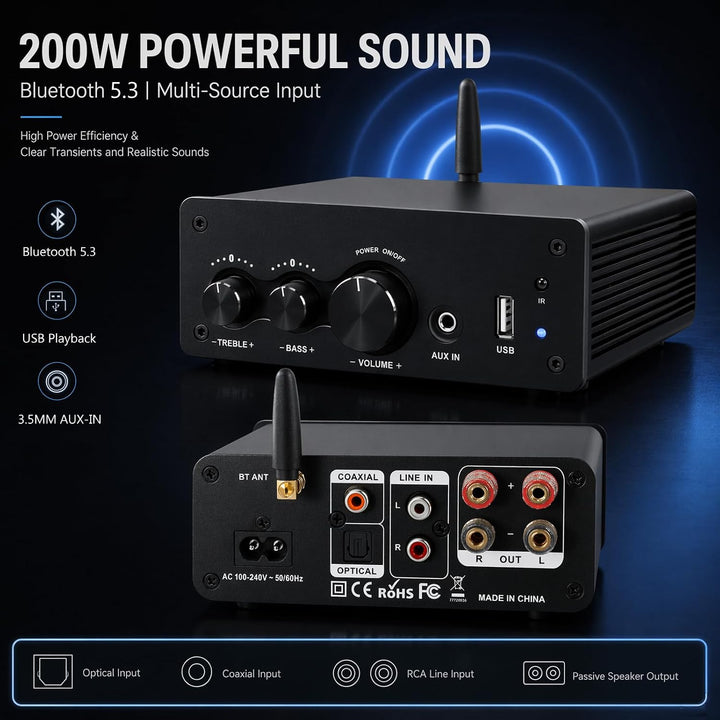 LONPOO Mini Bluetooth Hifi-Verstärker 200W mit Fernbedienung, Optical, COAX, USB, AUX-Eingang, 2 Kan