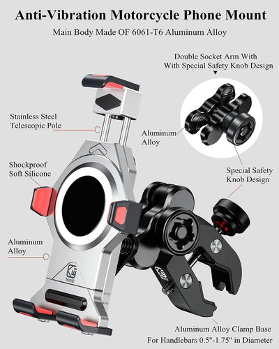 BRCOVAN Aluminiumlegierung Motorrad Handyhalterung mit Vibrationsdämpfer und Sicherheitsschalter, Ei