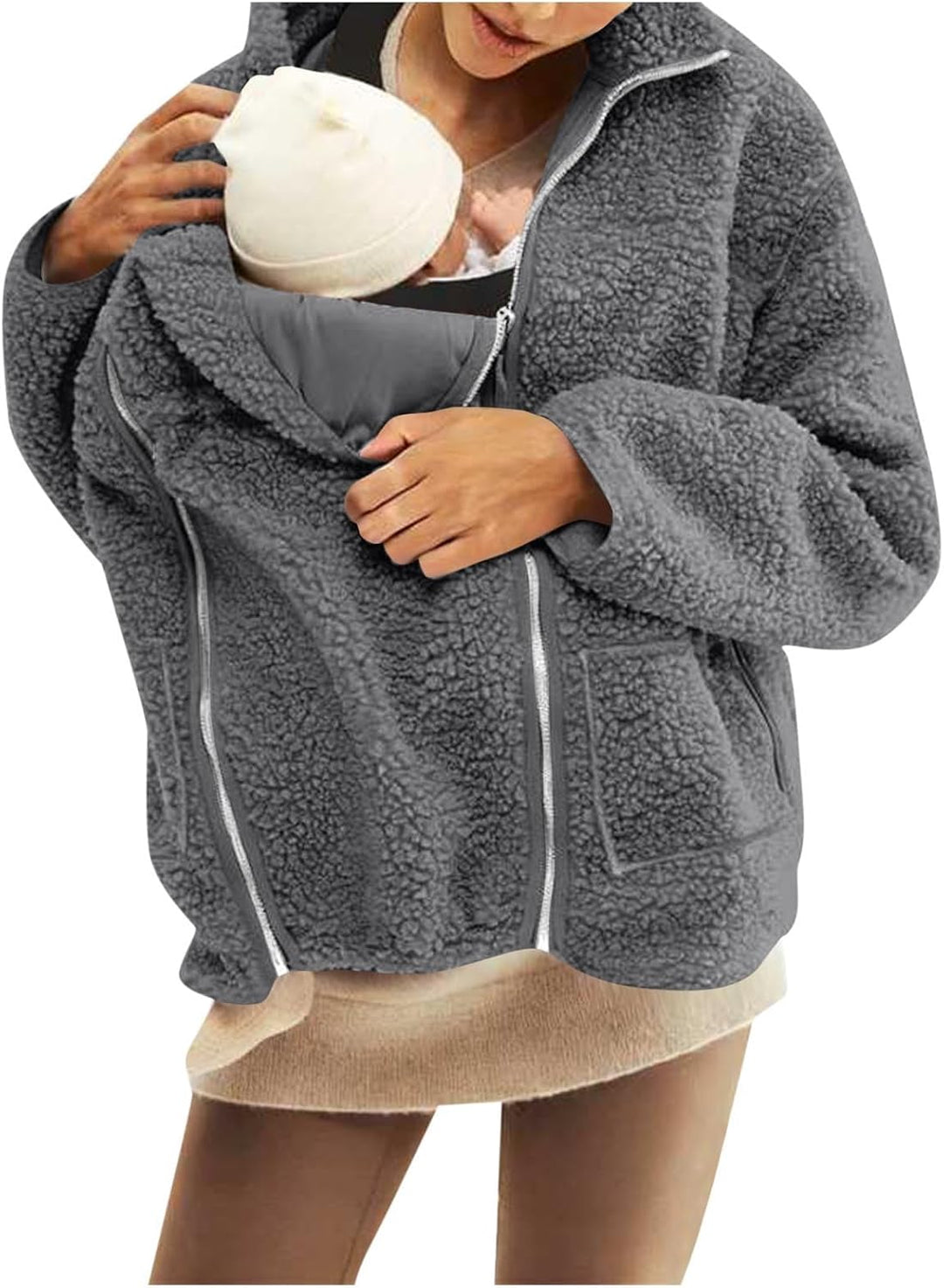 SYDUZAX Umstandsjacke mit Babyeinsatz Warm Teddy Fleecejacke Umstands Baumwolljacke Winter Umstandsm