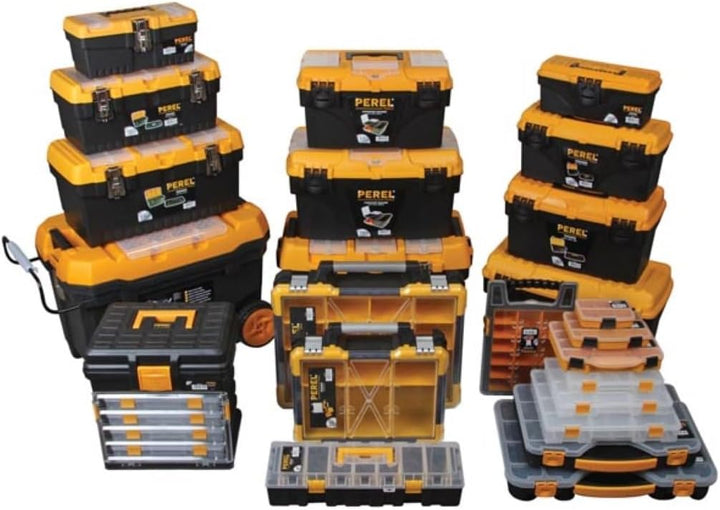 Perel Werkzeugkoffer 25,7L mit herausnehmbarer Einsatzbox, Kunststoff Toolbox mit klappbarem Griff u