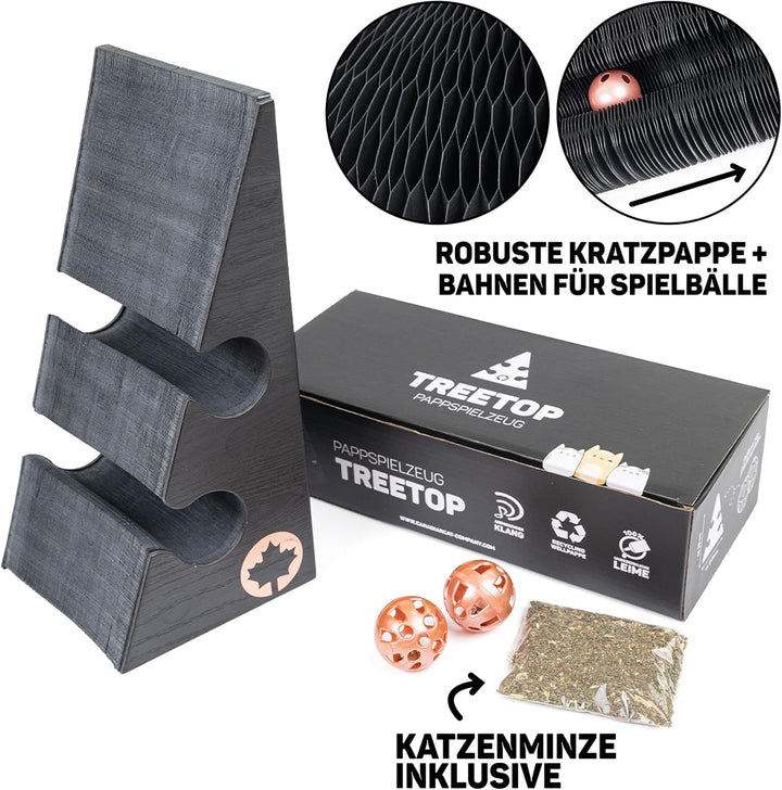 CanadianCat Company | Kratzspielzeug Treetop - Kratzpappe mit Spielbällen - schwarz | Ø 27,5 x 28 cm