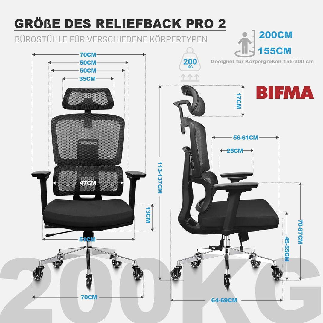 Bürostuhl Ergonomisch 200KG | 6P Verstellbare Rückenlehne | 4D-Armlehnen | Leises Gummirollen | Sitz
