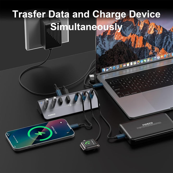 FIDECO USB Hub mit Netzteil, 7 Port USB 3.2 Gen 2, 10Gbit/s Schneller Datenhub, Vollaluminium-Verlän