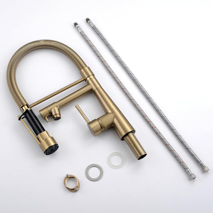 TIMACO Wasserhahn Küche Gebürstetes Gold mit Schloss Brause Ausziehbar - 360° Schwenkbare- Pull-Down