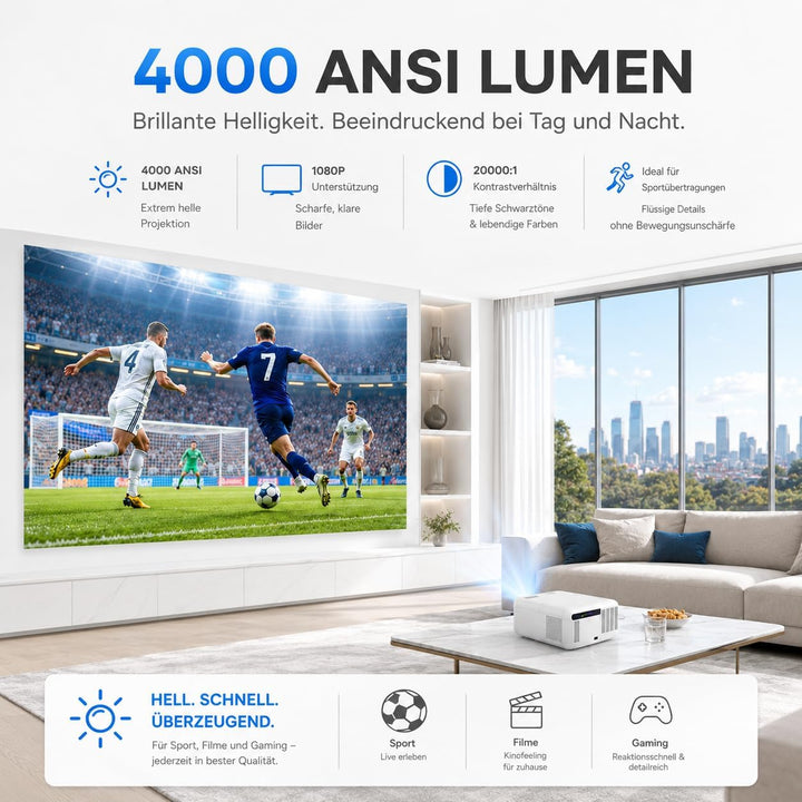 Premium Beamer 4000 ANSI Lumen, Projektor 4K Support Full HD 1080P, Android 15 Smart Beamer mit 3GB+