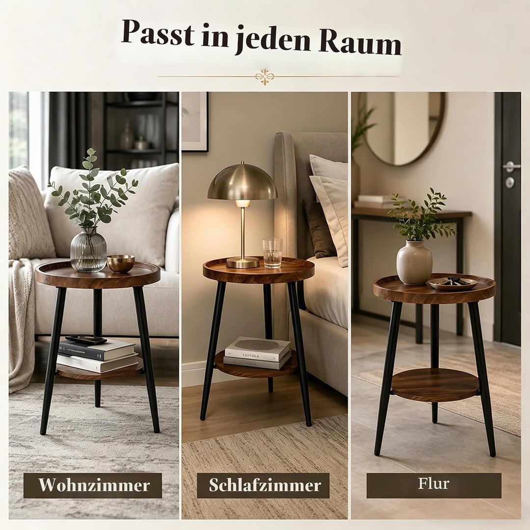 Beistelltisch Rund, Couchtisch Klein mit 2 Ablagen, Kleiner Runder Tisch Einfach zu Montieren (H48X