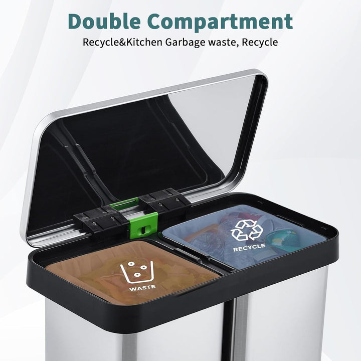 Mülleimer Küche,2 x 36 L Mülltrennsystem Edelstahl Mülleimer 2 fächer tretmülleimer Doppeldeckel mül
