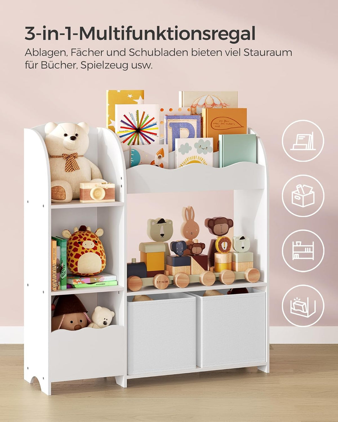 SONGMICS Bücherregal Kinder, Kinderregal, Spielzeugregal mit 2 Aufbewahrungsboxen, für Bücher, Kinde