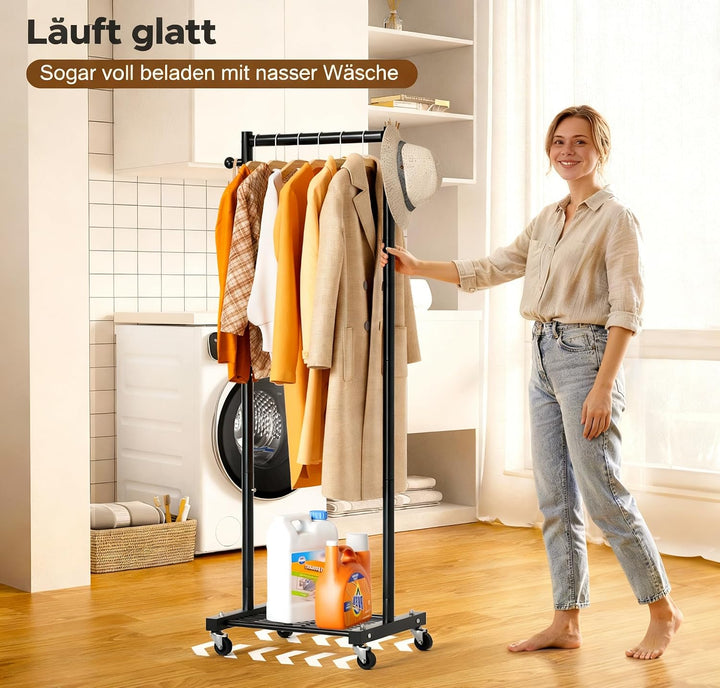MISSLO Kleine Kleiderstange auf Rollen, Schmal Kleiderständer mit Ablagen, 152 cm Metall Garderobens