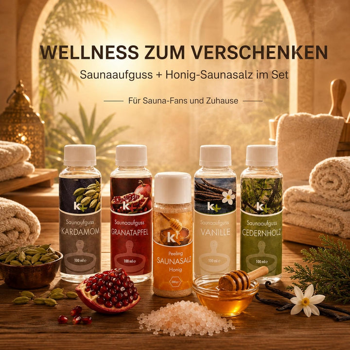 KK Sauna -Set mit Salz Peeling | KK Saunaaufgussset"Orient" 4 x 100 ml + 200 g KK Saunasalz"Honig" |