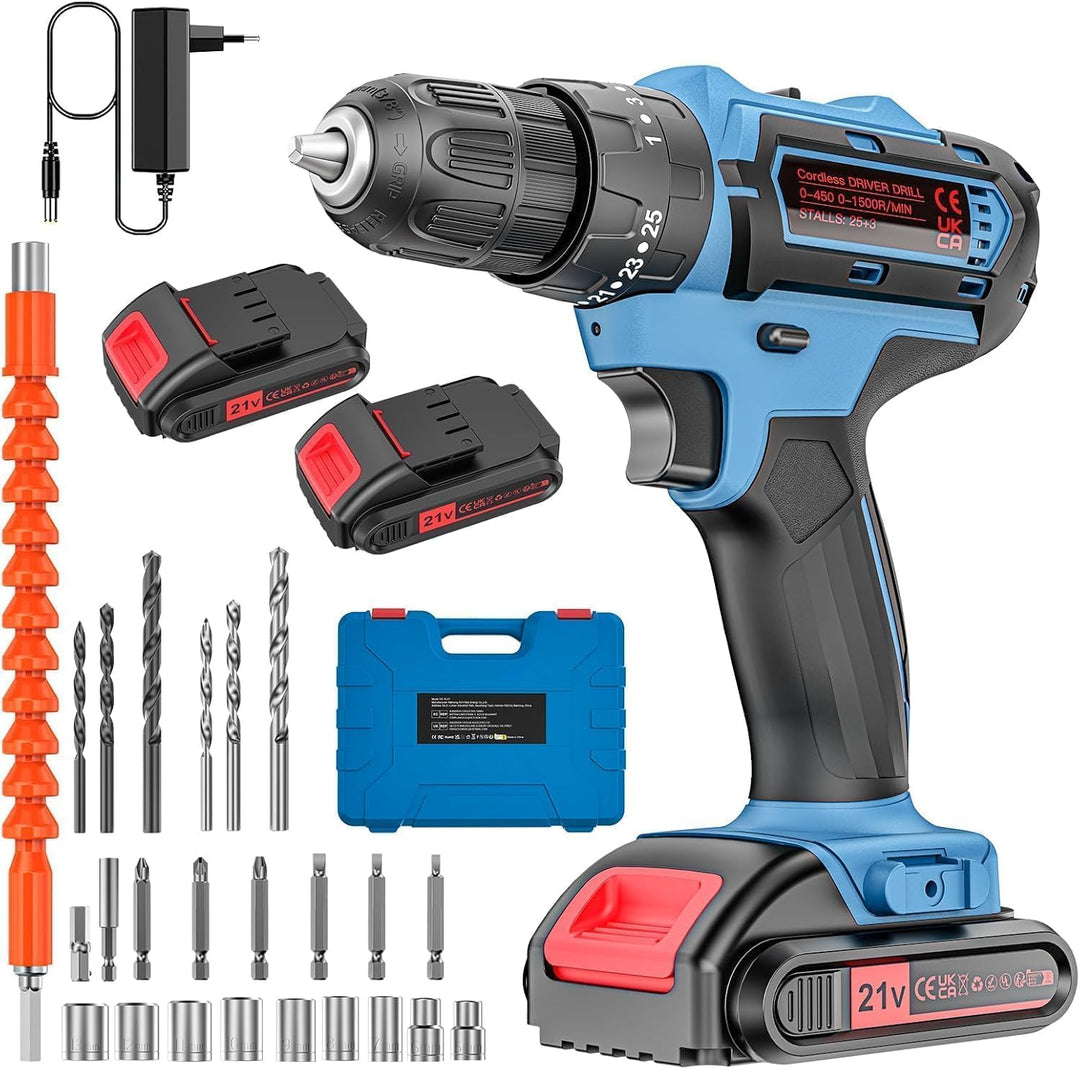 21V Akkuschrauber Set mit Koffer – 2×2000 mAh Akkus, 2-Gang, 25+3 Drehmomentstufen, 10 mm Schnellspa