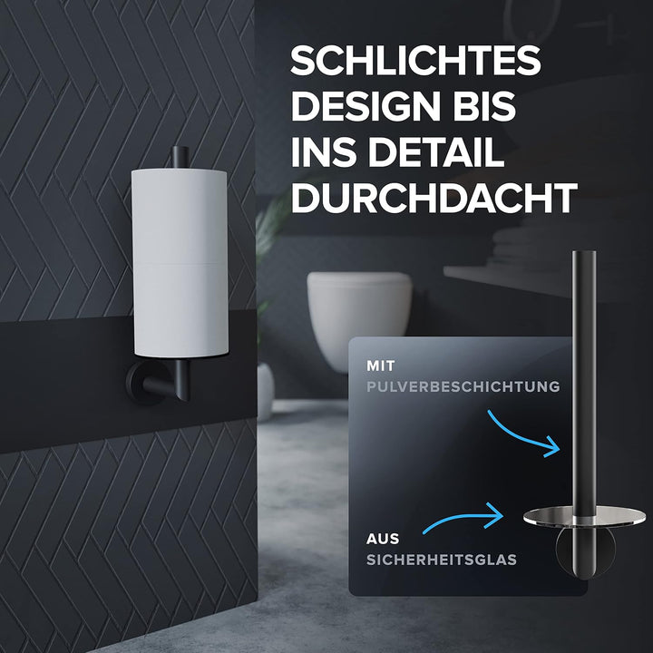 Ersatzrollenhalter Runde zum Bohren | Schwarz | aus Edelstahl und Glas | WC-Rollen Aufbewahrung zur