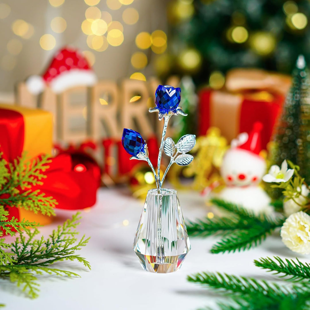 H&D Zwei kristallblaue Rosen,Kristall Rosen Figuren mit silberner Stange,Für Immer Kristallrose Brie