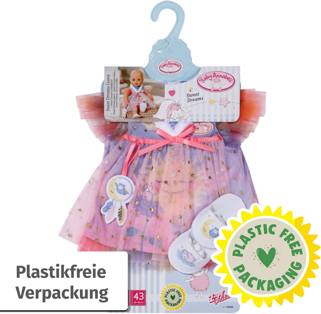 Baby Annabell Sweet Dreams Nachthemd 43cm, Puppennachthemd mit Plüschkragen, Hausschuhen und Traumfä
