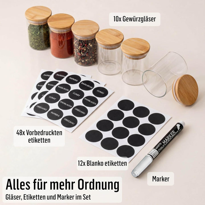 Deco Haus Gewürzgläser Set 10er - Gewürzdosen Set aus Glas - Vorratsgläser Set für Deine Gewürze Auf