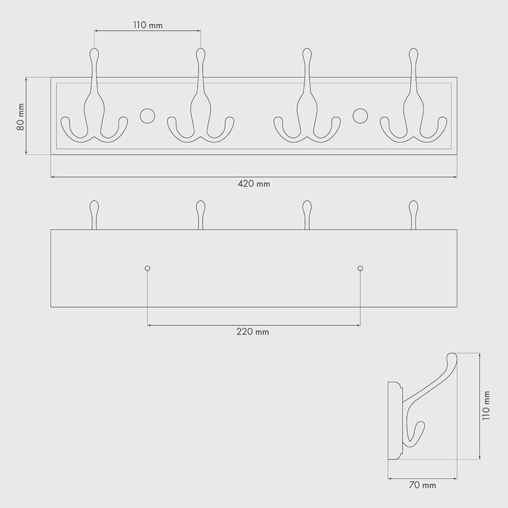 LARHN Garderobenhaken Holz - Garderobenleiste Holz mit 4 Haken in Schwarz - 42 cm - Kleiderhaken Wan