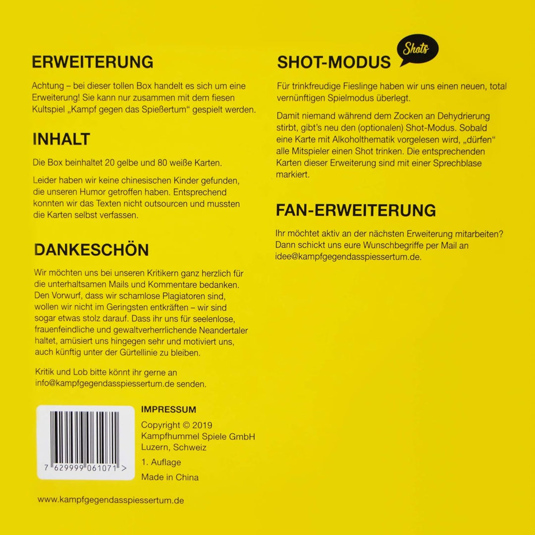 KAMPFHUMMEL Kampf gegen das Spiessertum - Shot Erweiterung mit 100 neuen Spielkarten. Die 1. Erweite