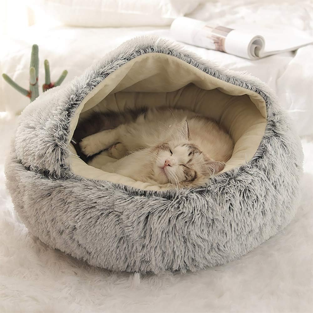 Flauschiges Katzenbett, rund, weiches Plüsch, Höhle mit Kapuze, Katzenbett, für den Winter, warm, Sc