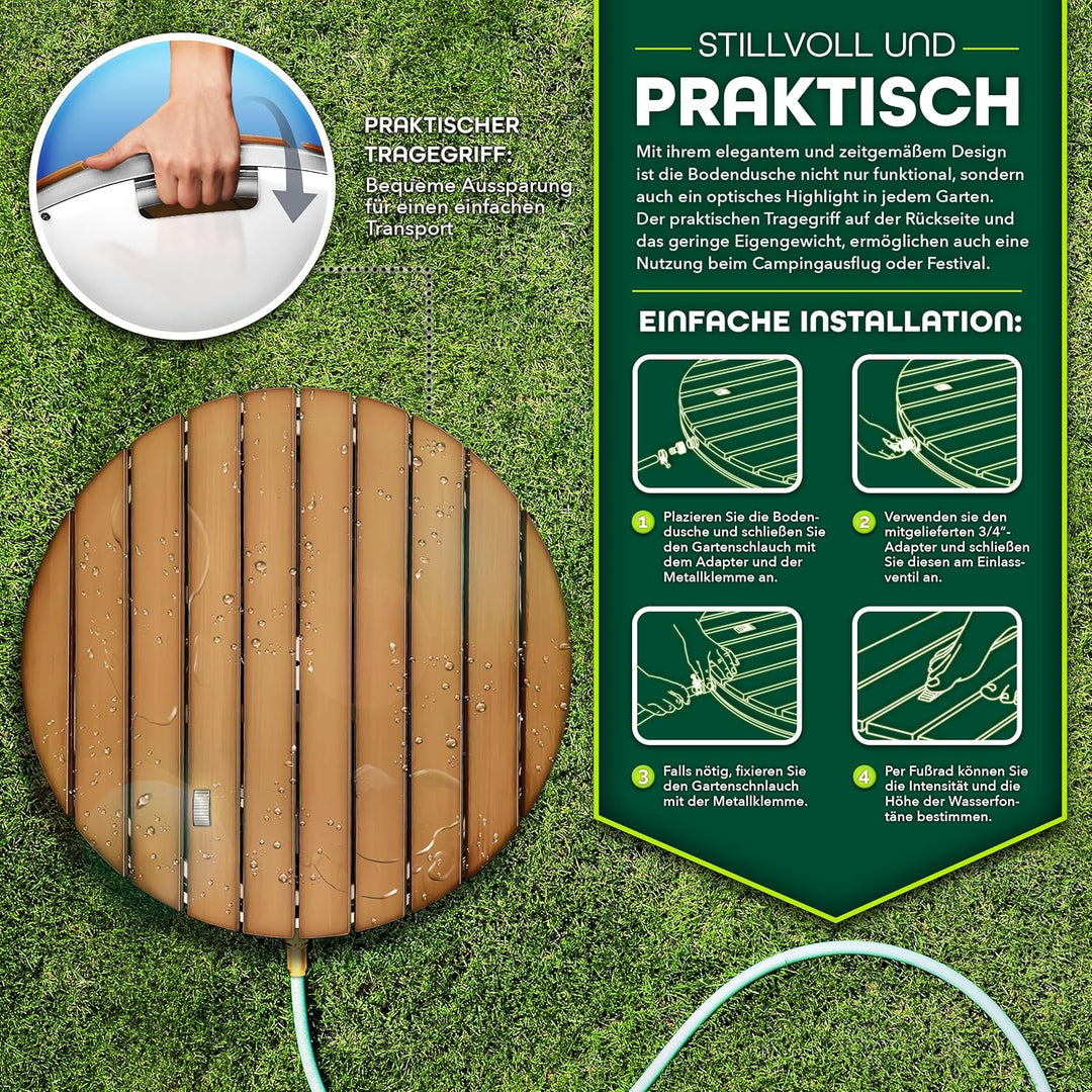 tillvex® Gartendusche Outdoor bis 4 m Fontänenhöhe | Bodendusche rund mit Fussrad | Aussendusche rut