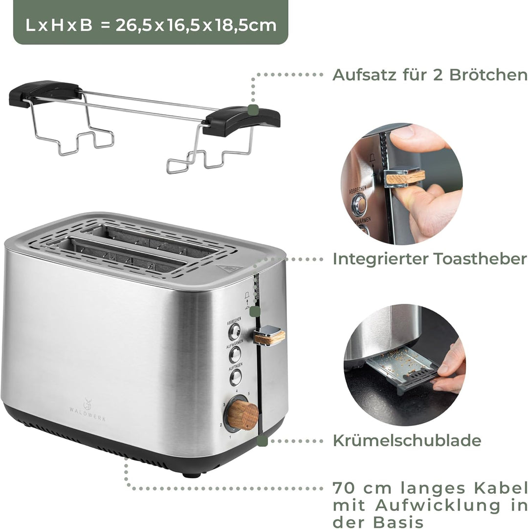 WALDWERK Design Toaster - aus 304 Edelstahl und Eichenholz - für 2 Scheiben - mit Brötchenaufsatz -