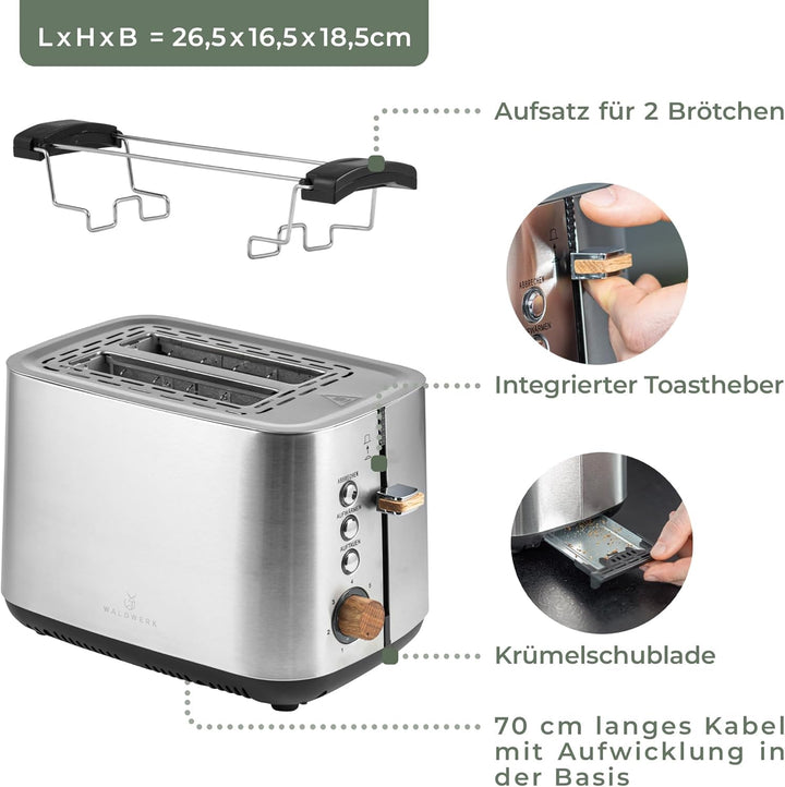 WALDWERK Design Toaster - aus 304 Edelstahl und Eichenholz - für 2 Scheiben - mit Brötchenaufsatz -
