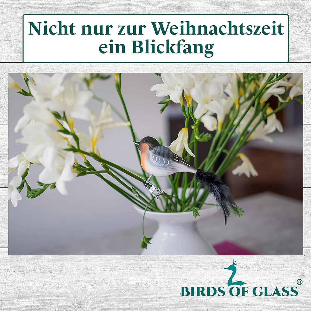 Birds of Glass® Glas-Vogel, Dompfaff mit Naturfeder | Glasschmuck Made in Germany | Eigene Herstellu