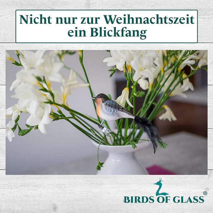 Birds of Glass® Glas-Vogel, Dompfaff mit Naturfeder | Glasschmuck Made in Germany | Eigene Herstellu