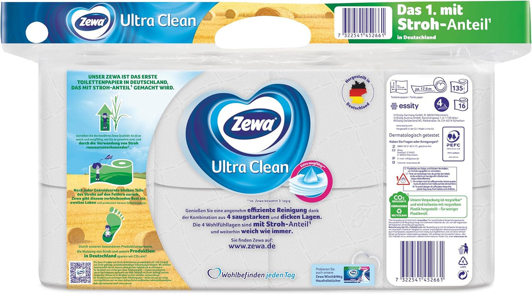 Zewa Toilettenpapier Ultra Clean 4-Lagig, Mega Pack, 3 Packungen (48 Rollen x 135 Blatt) Mehrfarbig