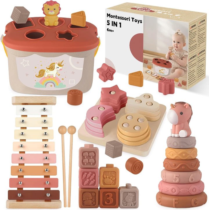 5 in 1 Baby Spielzeug 6 Monate, Montessori Spielzeug Baby, Motorikspielzeug, Stapelspielzeug Blöcken