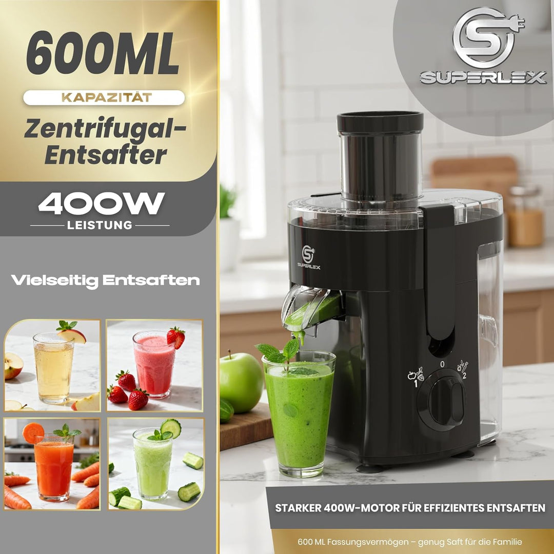 Elektrischer Entsafter 400W Zentrifugalentsafter Saftpresse Juice Mit 65mm Einfüllöffnung Und 600ML