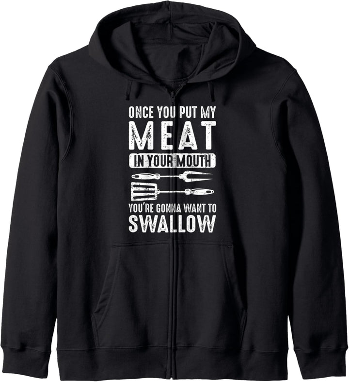 Fleisch Mund Schlucken Grillen BBQ Perverser Grill Spruch Kapuzenjacke