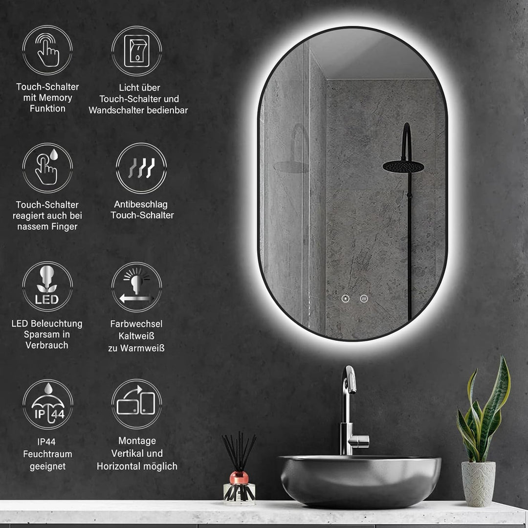 75x45cm Badspiegel mit Beleuchtung Oval Schwarz Metall mit Antibeschlag, Badezimmer Ovaler Spiegel m